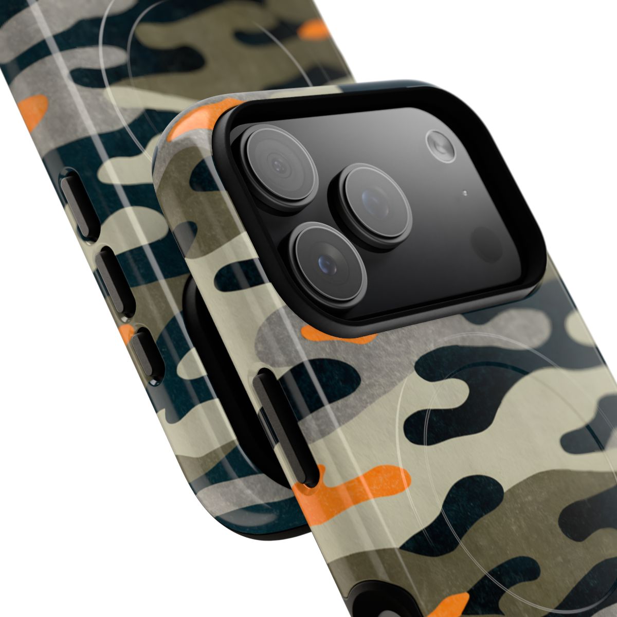 iPhone MagSafe Case - Trailhead Camo — POD detail: Glossy close-up, iPhone 17 Pro