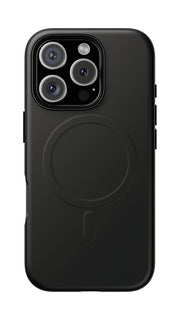 Black phone case with a magnetic charging pad on a white background