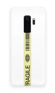 phone strap grip holder fragile sign warning yellow black barcode